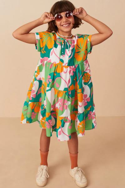 ($29.95/EA X 4 PCS) Girls Vibrant Floral Print Tie Detail Tiered Dress