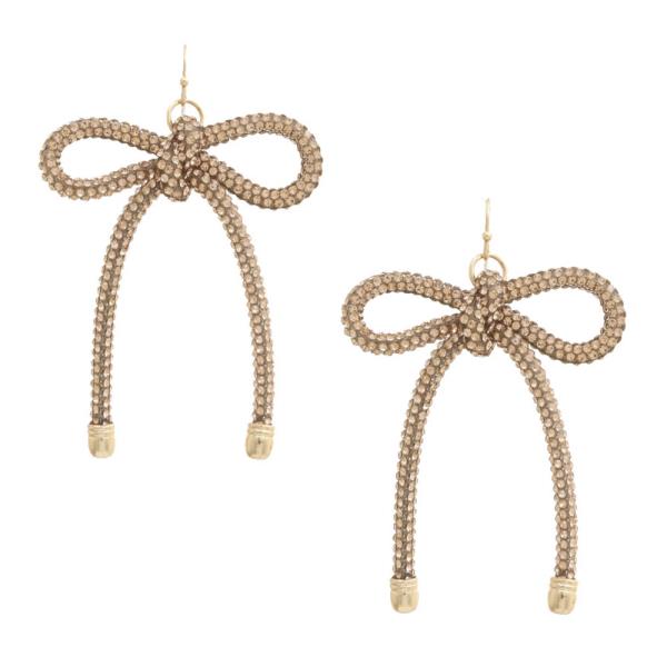 RHINESTONE METAL RIBBON BOW DANGLE EARRING
