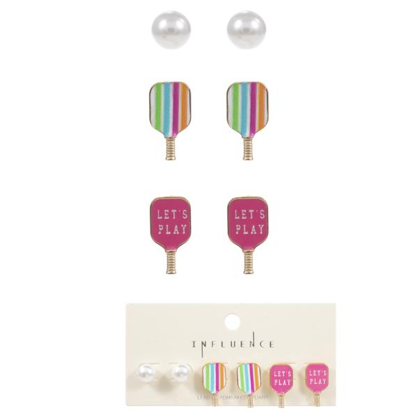 PICKLEBALL SHAPED ENAMEL PRINT 3 SET POST EARRING