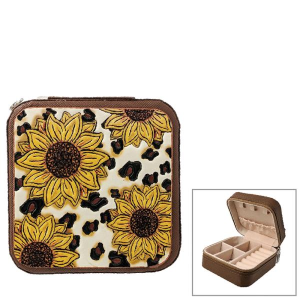 SUNFLOWER WESTERN TOOLED LEATHER TRAVEL JEWELRY BOX