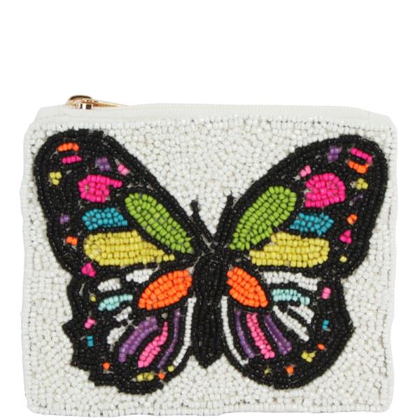 WHITE RAINBOW BUTTERFLY THEME FULL SEED BEAD COIN PURSE BAG