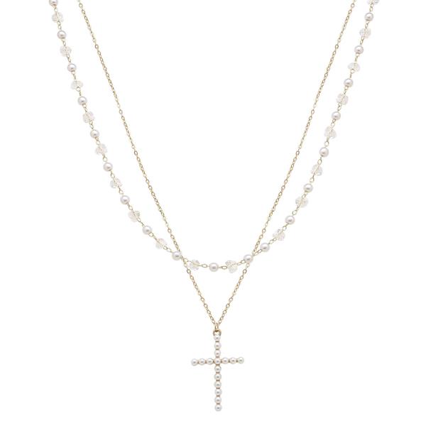 2 ROW CROSS PENDANT PEARL AND CRYSTAL BEAD LAYERED NECKLACE