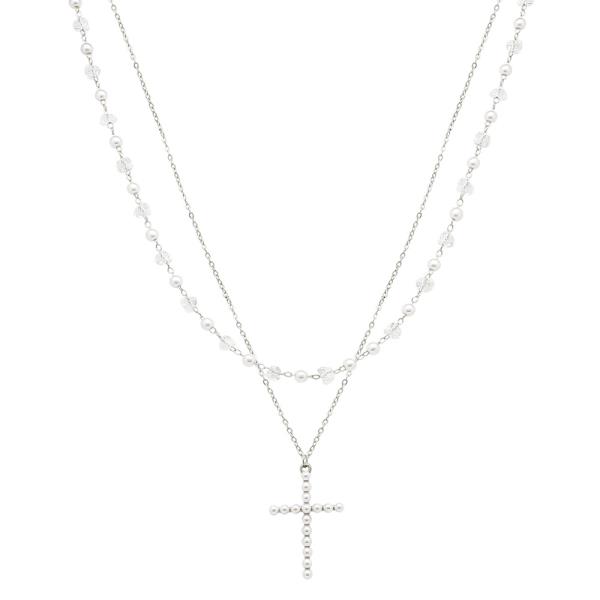 2 ROW CROSS PENDANT PEARL AND CRYSTAL BEAD LAYERED NECKLACE