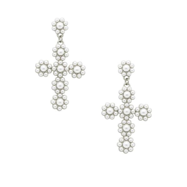 PEARL BEAD CLUSTER FLOWER CROSS POST EARRING