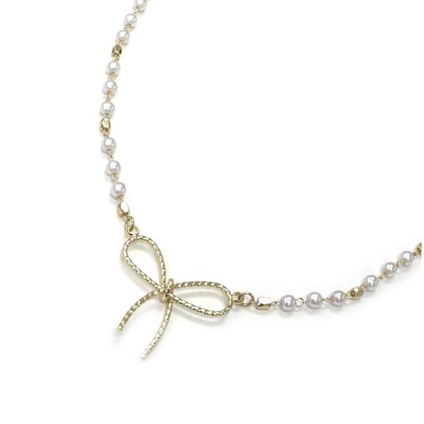 METAL PEARL RIBBON BOW NECKLACE
