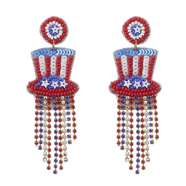 SEED BEAD RHINESTONE RED WHITE BLUE HAT DANGLE EARRING