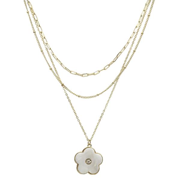 3 LAYERED METAL CHAIN FLOWER PENDANT NECKLACE