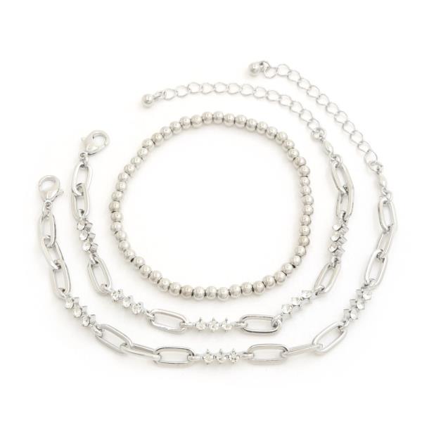 PEARL BALL BEAD OVAL LINK METAL STACKABLE BRACELET SET