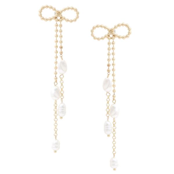 BALL BEAD CHAIN RIBBON BOW WITH PEARL ACCENTS DANGLE EARRING