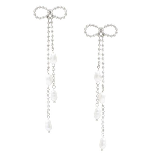 BALL BEAD CHAIN RIBBON BOW WITH PEARL ACCENTS DANGLE EARRING