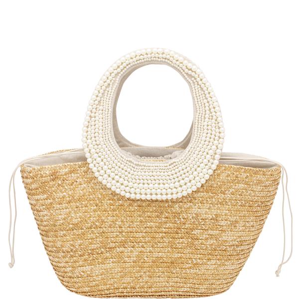 OVAL PEARL HANDLE STRAW WOVEN TOTE BAG