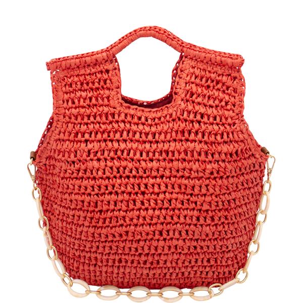 STRAW HANDLE CHAIN LINK TOTE BAG