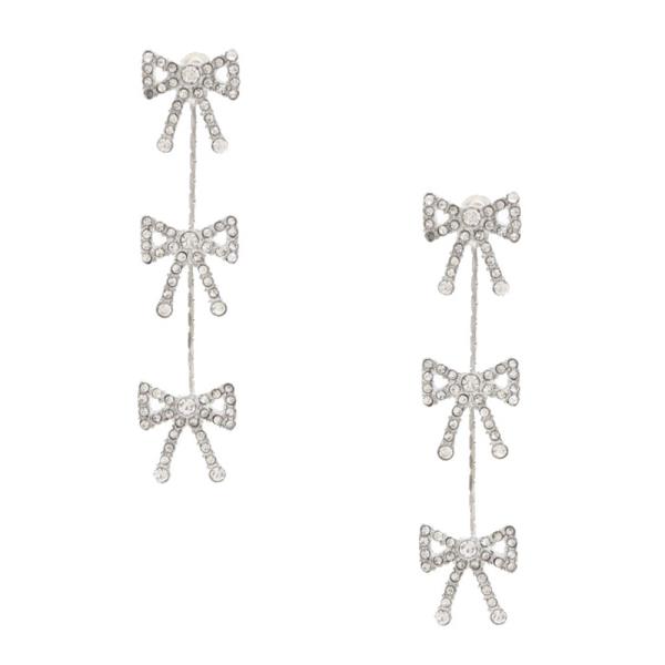 TRIPLE RIBBON BOW METAL RHINESTONE EARRING