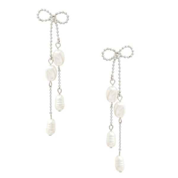 PEARL BEADED METAL RIBBON BOW DROP EARRING