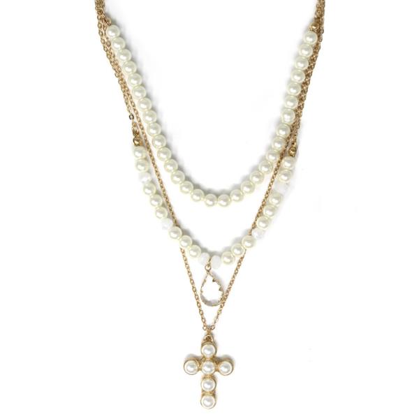 3 LAYERED METAL PEARL CHAIN CROSS PENDANT NECKLACE