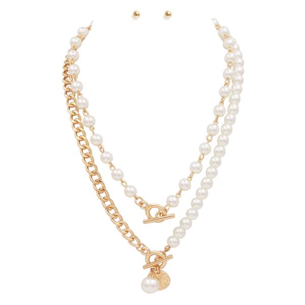 PEARL BEAD LAYERED TOGGLE CLASP NECKLACE
