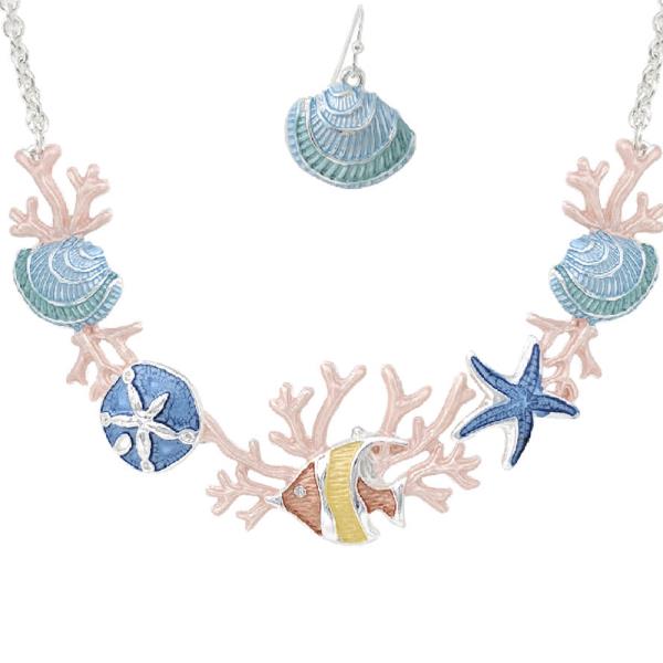 SEA LIFE WHITE SILVER STATEMENT NECKLACE EARRING SET