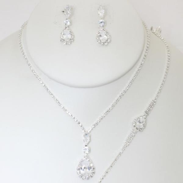 TEARDROP CZ RHINESTONE NECKLACE EARRING BRACELET SET