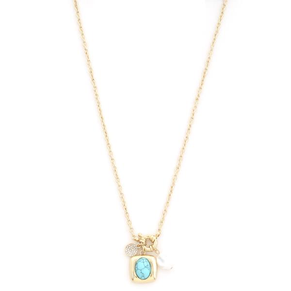 TURQUOISE SQUARE PEARL BEAD COIN CHARM NECKLACE