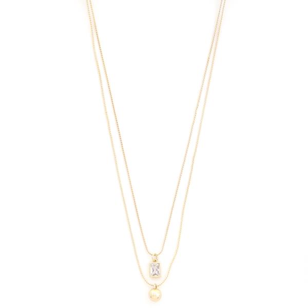 BALL RECTANGLE CRYSTAL CHARM LAYERED NECKLACE