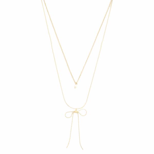 2 LAYERED METAL CHAIN RIBBON PEARL PENDANT NECKLACE
