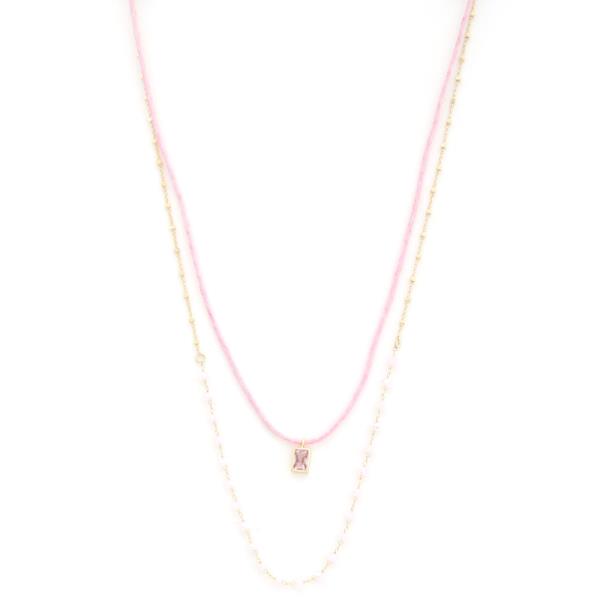 DAINTY RECTANGLE CZ BEADED LAYERED NECKLACE