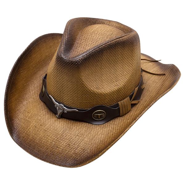 METAL FAUX LEATHER STEER BAND COWBOY HAT