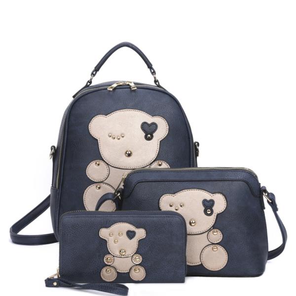 3IN1 CUTE BEAR DESIGN HANDLE BACKPACK W CROSSBODY AND WALLET SET