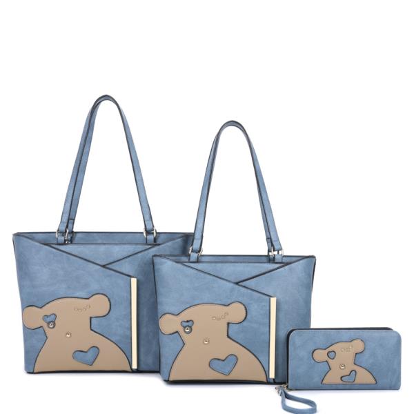 3IN1 CUTE BEAR DESIGN SHOULDER TOTE W MATCHING BAG AND WALLET SET