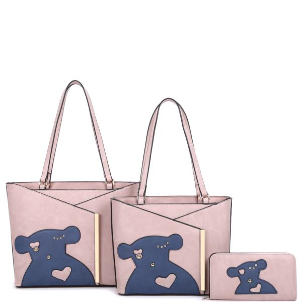 3IN1 CUTE BEAR DESIGN SHOULDER TOTE W MATCHING BAG AND WALLET SET