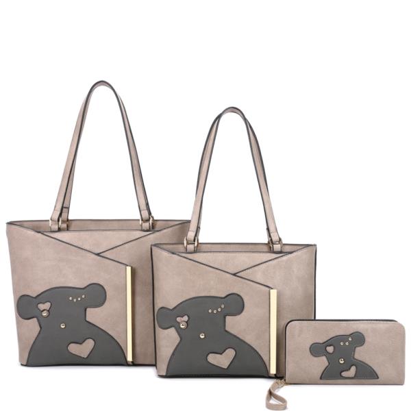 3IN1 CUTE BEAR DESIGN SHOULDER TOTE W MATCHING BAG AND WALLET SET