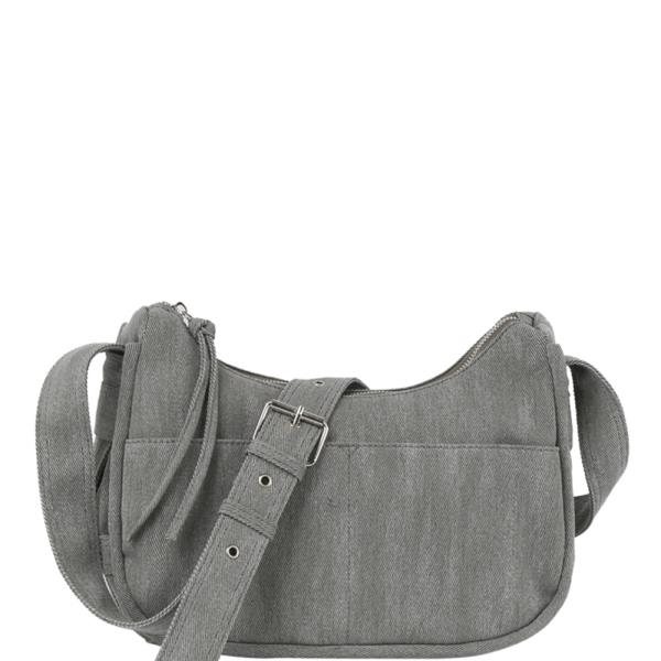 DENIM TEXTURED CURVED CROSSBODY BAG