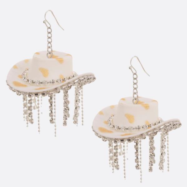 WESTERN COWBOY HAT RHINESTONE TASSEL DANGLE EARRING