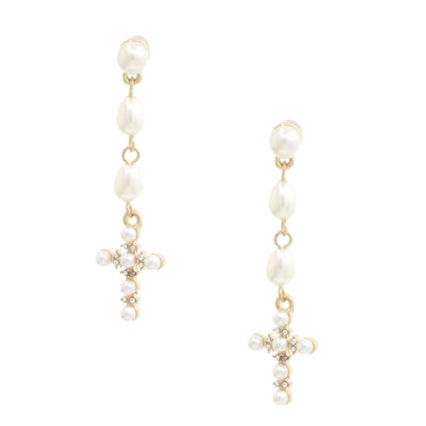 CROSS PEARL BEAD DANGLE EARRING