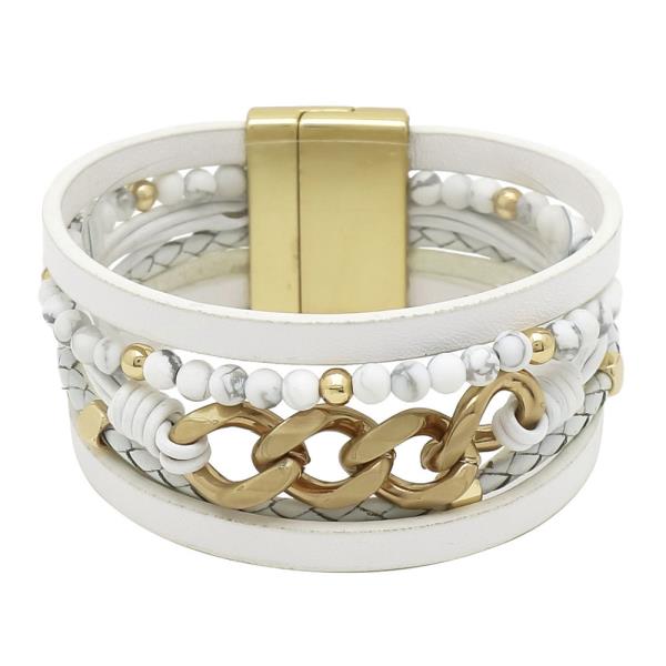 FAUX LEATHER METAL CHAIN MAGNETIC BRACELET