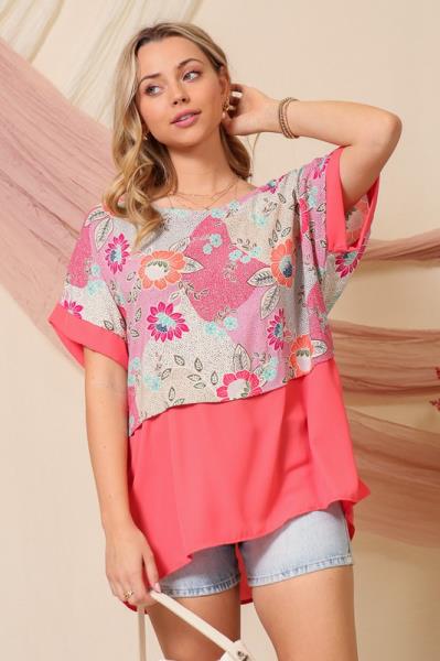 ($7.95/EA X 6 PCS)  SHORTSLEEVE ROUND NECK FLORAL TWO-FER TOP