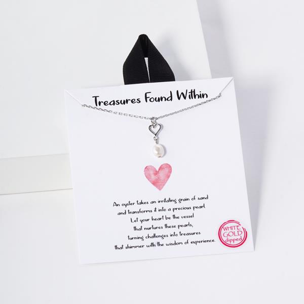 18K GOLD RHODIUM DIPPED TREASURES FOUND WITHIN PEARL HEART  NECKLACE