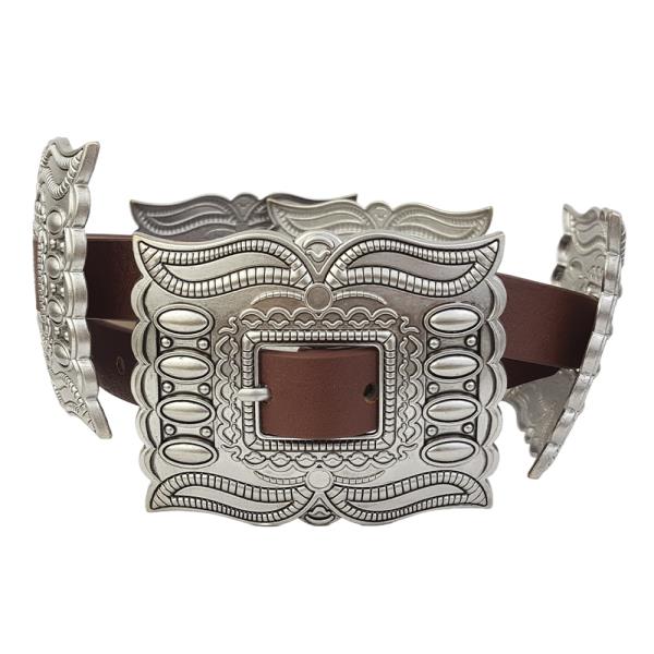 WESTERN SILVER RECTANGULAR CONCHO LEATHER BELT