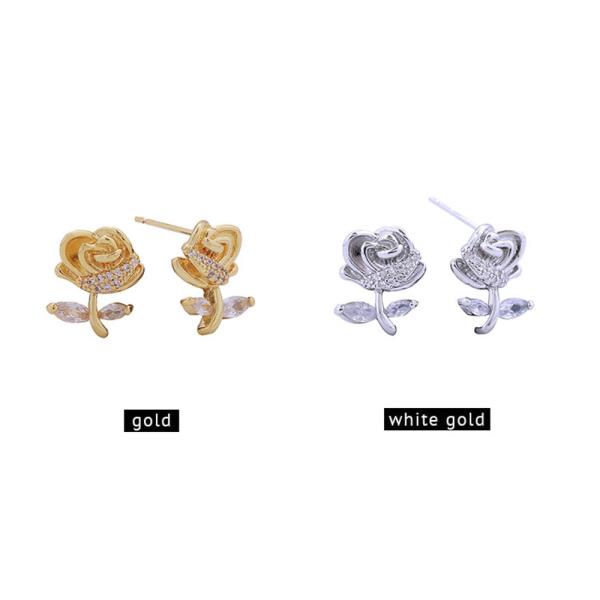14K GOLD/WHITE GOLD DIPPED ROSE ROMANCE PAVE CZ POST EARRINGS