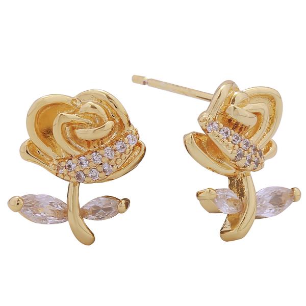 14K GOLD/WHITE GOLD DIPPED ROSE ROMANCE PAVE CZ POST EARRINGS