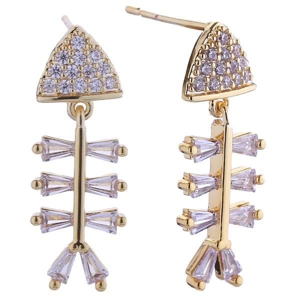 14K GOLD/WHITE GOLD DIPPED FISH BONE PAVE CZ POST EARRINGS