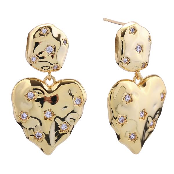 14K GOLD/WHITE GOLD DIPPED CRINKLE HEART PAVE CZ POST EARRINGS