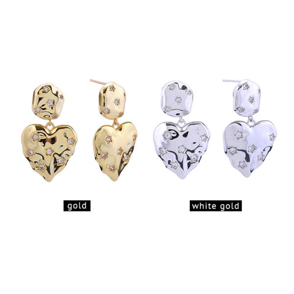 14K GOLD/WHITE GOLD DIPPED CRINKLE HEART PAVE CZ POST EARRINGS