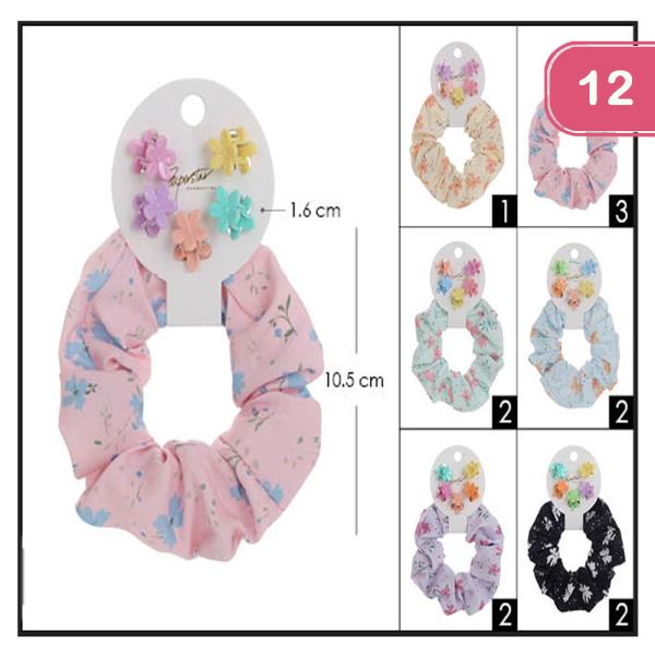 FLOWER HAIR SCRUNCHIE AND HAIR CLIP SET (12 UNITS)