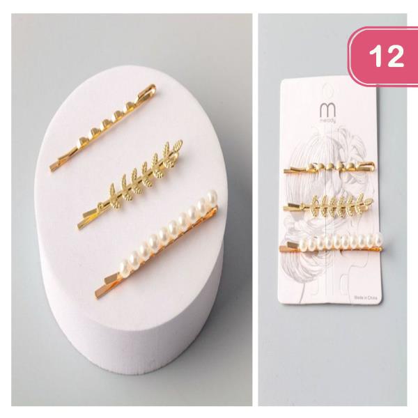 SCALLOP LEAF PEARL BOBBY PINS SET (12 UNITS)