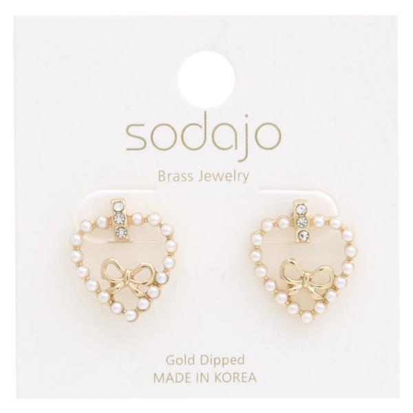 SODAJO HEART SHAPE BOW PEARL BEAD GOLD DIPPED EARRING