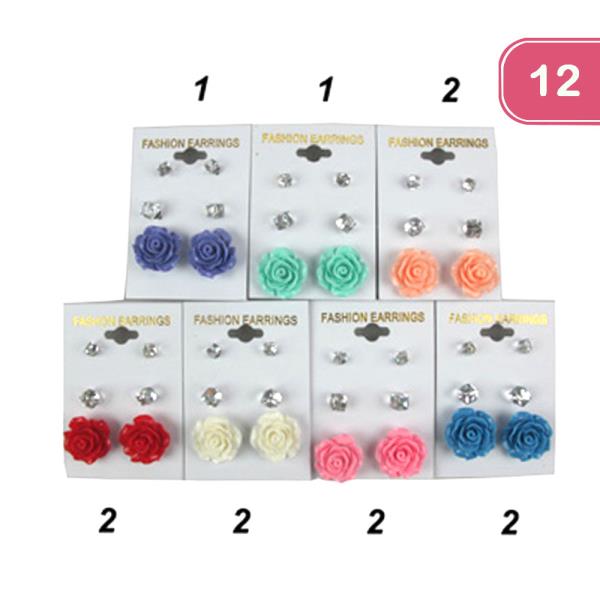 FLOWER RHINESTONE STUD EARRING SET (12 UNITS )