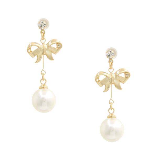 SODAJO BOW PEARL BEAD CZ DANGLE GOLD DIPPED EARRING