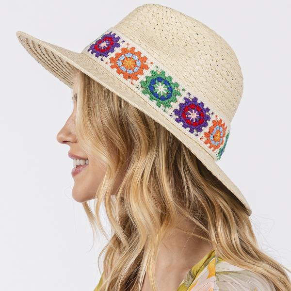 FLORAL CROCHET BAND STRAW HAT.