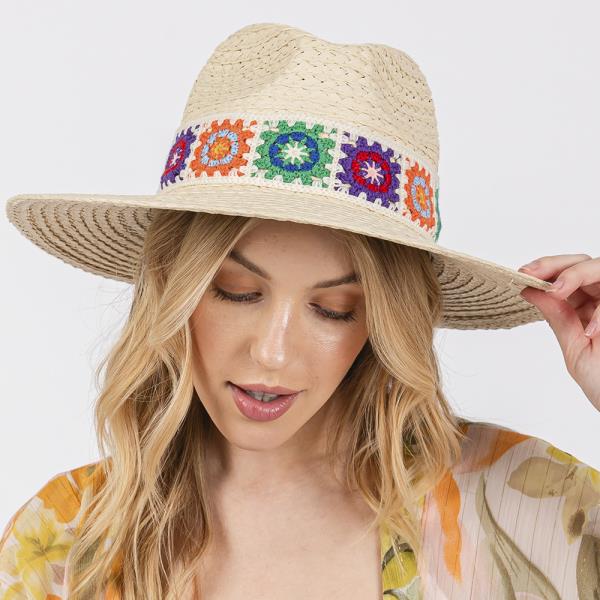 FLORAL CROCHET BAND STRAW HAT.